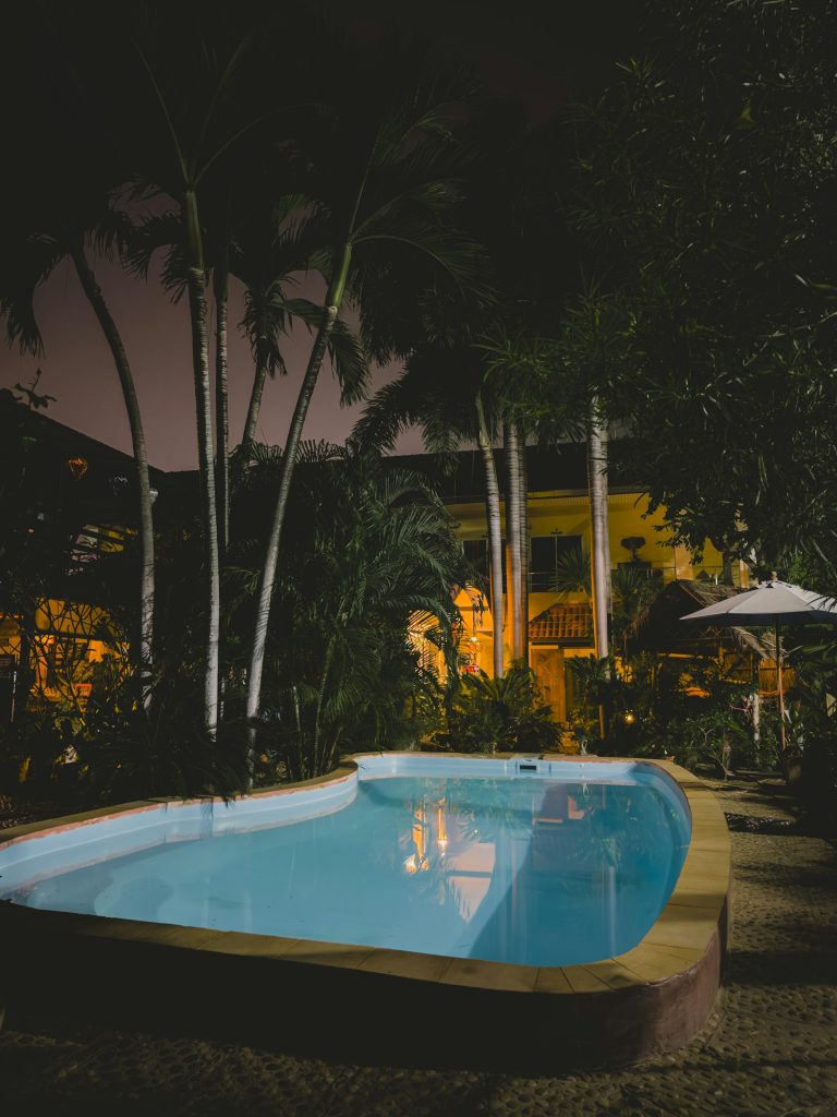 Piscine illuminée entourée de palmiers
