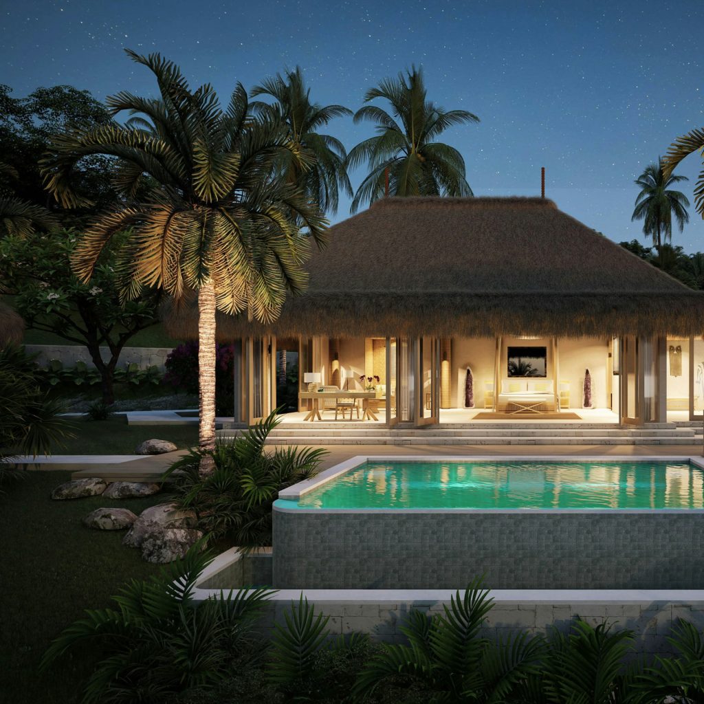Villa et piscine au crépuscule