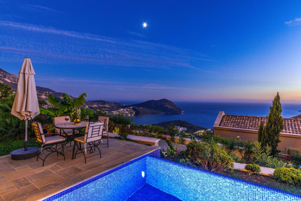 Terrasse face à l'océan au coucher du soleil