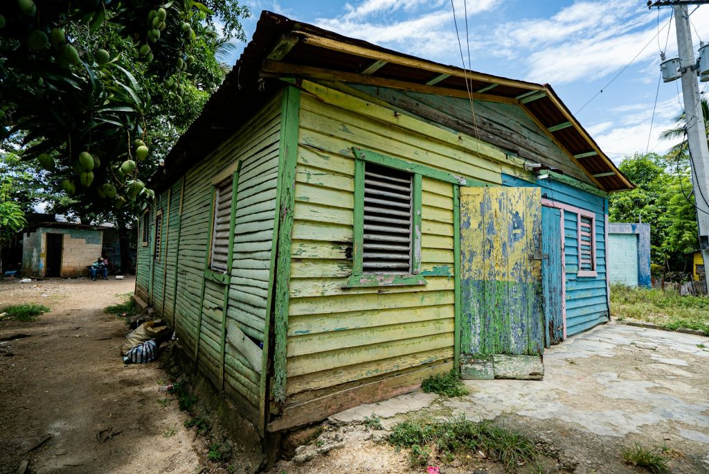 Maison bleue et blanche entourée de verdure